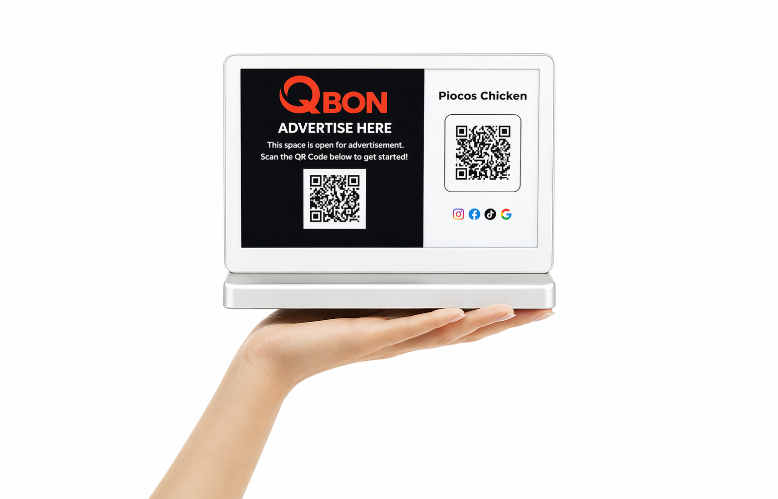 Qbon E-Ink digital display on a restaurant table showing custom merchant content with QR code